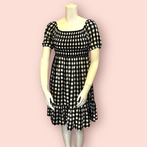 Place Gingham Shirred Ruffle Dress, L, Black White